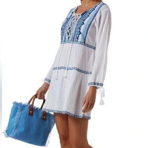 Melissa Odabash Embroidered Swim CoverUp Mini Dress Size XS Millie White Blue
